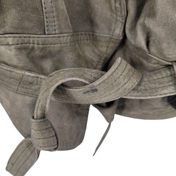 Rare Vintage 80s Winlit Army Green Leather Bomber Jacket M Raglan Belted - Picture 7 of 16